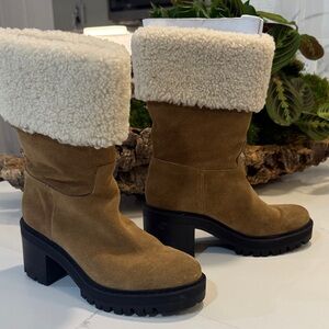 Marc Fisher Tan Suede Shearling Cuff Platform Boots